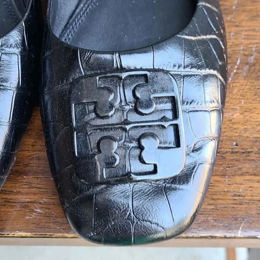 Tory Burch Georgia Black Leather Ballet Soft Croco Embossed Flats size 8 1/2